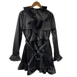 bebe Shiny Ruffle Trim Black Shirt Trench Coat Small Tie Waist Hook Close